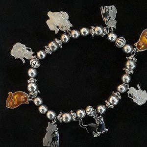 Silver Toned Cat Charm Silver Bead Stretch Bracelet